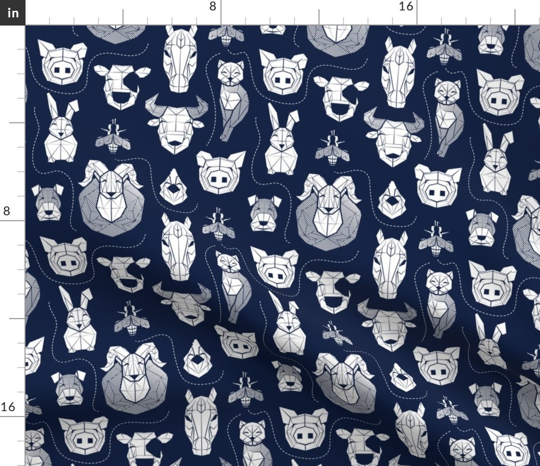 Small scale // Friendly Geometric Farm Animals // navy blue background white pigs queen bees lambs cows bulls dogs cats horses chickens and bunnies