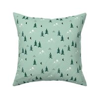Little mountains and moon pine tree forest nature trip woodland theme mint green
