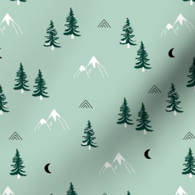 Little mountains and moon pine tree forest nature trip woodland theme mint green