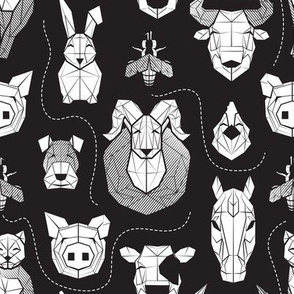 Small scale // Friendly Geometric Farm Animals // black background white pigs queen bees lambs cows bulls dogs cats horses chickens and bunnies