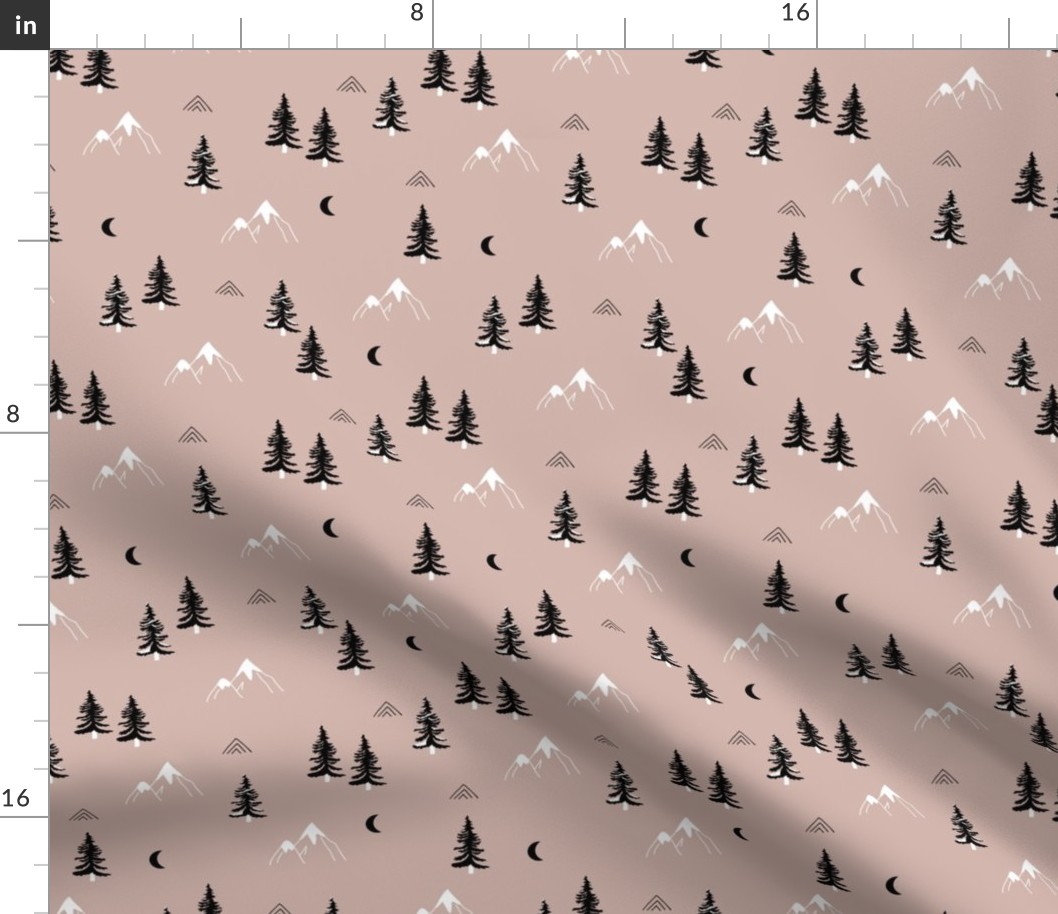 Little mountains and moon pine tree forest nature trip woodland theme neutral beige brown