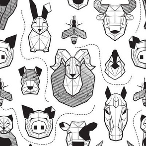 Small scale // Friendly Geometric Farm Animals // white background black and white pigs queen bees lambs cows bulls dogs cats horses chickens and bunnies