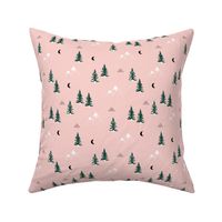 Little snow mountains and moon pine tree forest nature trip woodland theme soft pink green