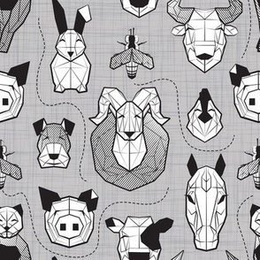 Small scale // Friendly Geometric Farm Animals // linen texture background black and white pigs queen bees lambs cows bulls dogs cats horses chickens and bunnies