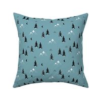 Little snow mountains and moon pine tree forest nature trip woodland nursery boys theme blue black