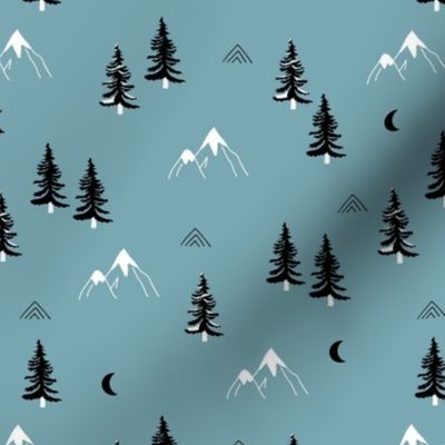 Little snow mountains and moon pine tree forest nature trip woodland nursery boys theme blue black