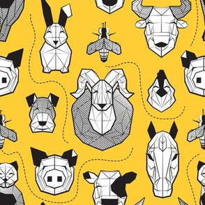 Small scale // Friendly Geometric Farm Animals // sunglow yellow background black and white pigs queen bees lambs cows bulls dogs cats horses chickens and bunnies