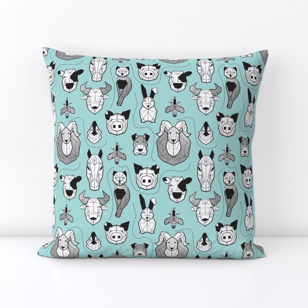 Small scale // Friendly Geometric Farm Animals // aqua background black and white pigs queen bees lambs cows bulls dogs cats horses chickens and bunnies