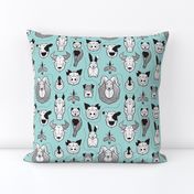 Small scale // Friendly Geometric Farm Animals // aqua background black and white pigs queen bees lambs cows bulls dogs cats horses chickens and bunnies