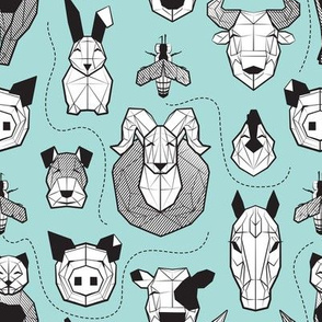 Small scale // Friendly Geometric Farm Animals // aqua background black and white pigs queen bees lambs cows bulls dogs cats horses chickens and bunnies