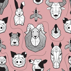 Small scale // Friendly Geometric Farm Animals // blush pink background black and white pigs queen bees lambs cows bulls dogs cats horses chickens and bunnies