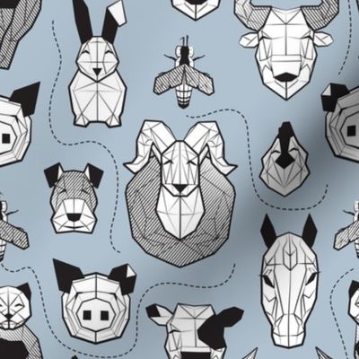 Small scale // Friendly Geometric Farm Animals // pastel blue background black and white pigs queen bees lambs cows bulls dogs cats horses chickens and bunnies