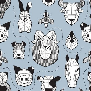 Small scale // Friendly Geometric Farm Animals // pastel blue background black and white pigs queen bees lambs cows bulls dogs cats horses chickens and bunnies