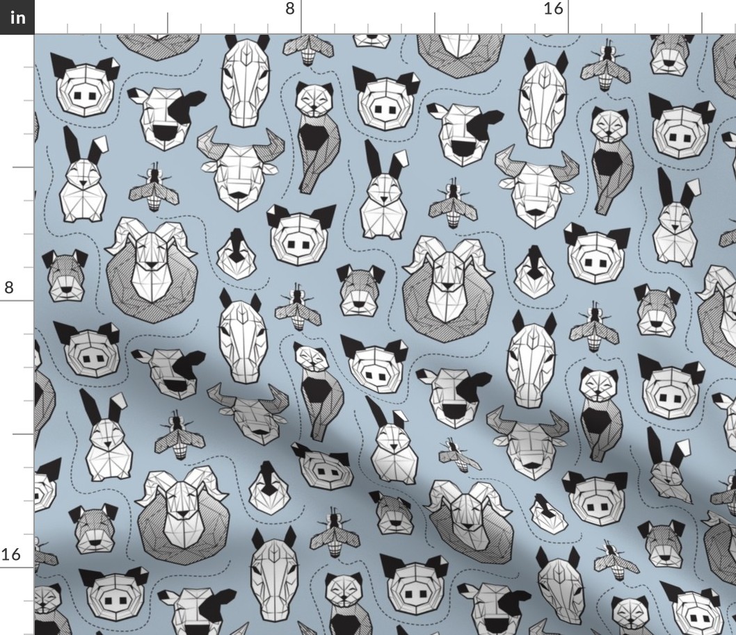 Small scale // Friendly Geometric Farm Animals // pastel blue background black and white pigs queen bees lambs cows bulls dogs cats horses chickens and bunnies