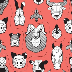 Small scale // Friendly Geometric Farm Animals // coral background black and white pigs queen bees lambs cows bulls dogs cats horses chickens and bunnies