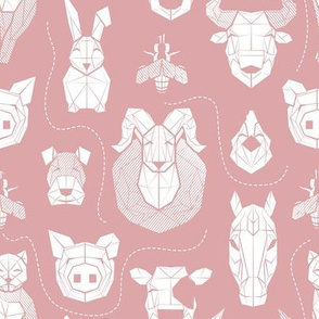 Small scale // Friendly Geometric Farm Animals // blush pink background white pigs queen bees lambs cows bulls dogs cats horses chickens and bunnies