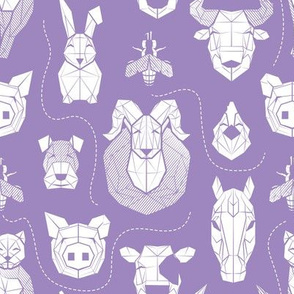 Small scale // Friendly Geometric Farm Animals // violet background white pigs queen bees lambs cows bulls dogs cats horses chickens and bunnies