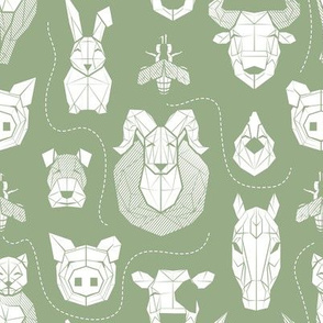Small scale // Friendly Geometric Farm Animals // sage green background white pigs queen bees lambs cows bulls dogs cats horses chickens and bunnies