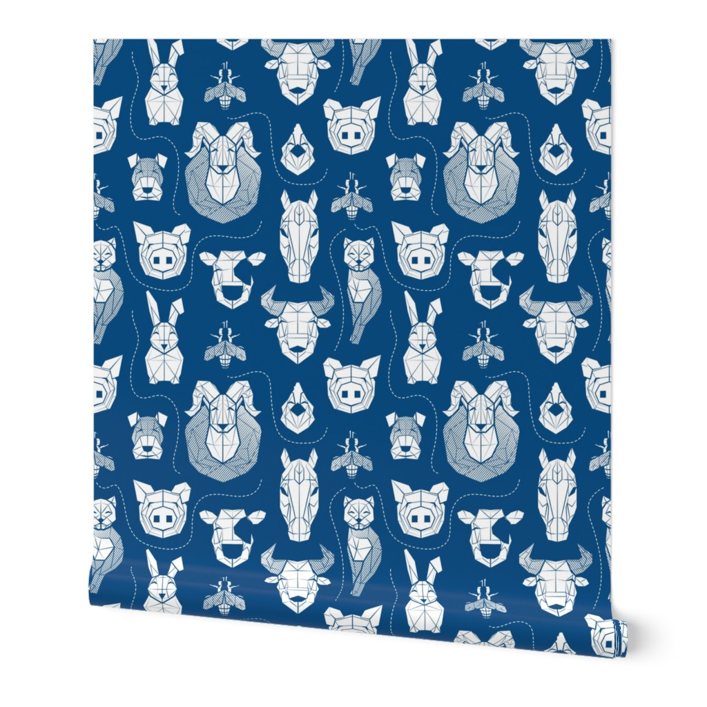 Small scale // Friendly Geometric Farm Animals // classic blue background white pigs queen bees lambs cows bulls dogs cats horses chickens and bunnies