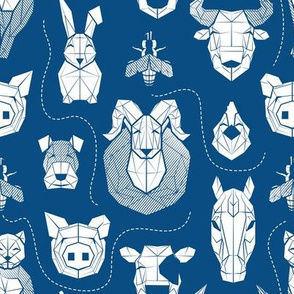 Small scale // Friendly Geometric Farm Animals // classic blue background white pigs queen bees lambs cows bulls dogs cats horses chickens and bunnies