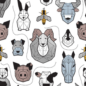 Normal scale // Friendly Geometric Farm Animals // white background black and white brown pastel blue and yellow pigs queen bees lambs cows bulls dogs cats horses chickens and bunnies