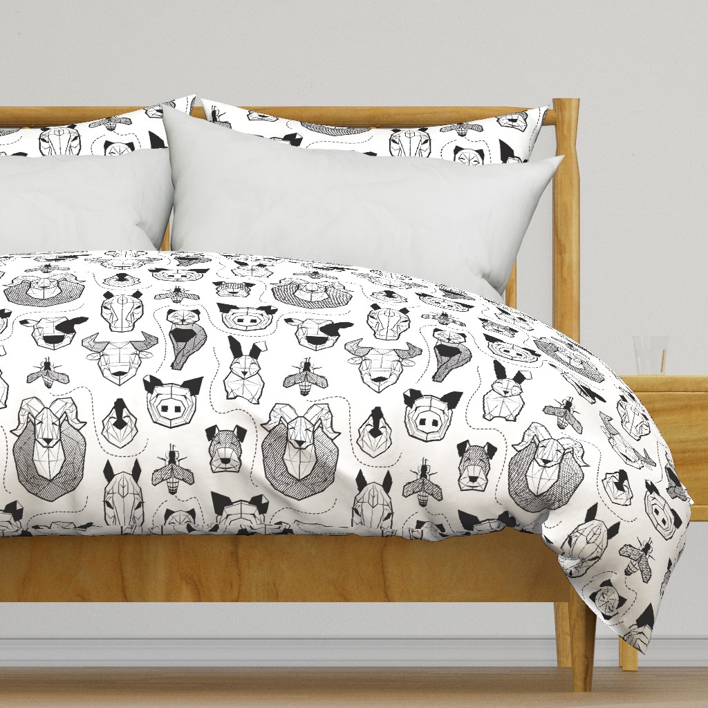 Normal scale // Friendly Geometric Farm Animals // white background black and white pigs queen bees lambs cows bulls dogs cats horses chickens and bunnies