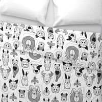 Normal scale // Friendly Geometric Farm Animals // white background black and white pigs queen bees lambs cows bulls dogs cats horses chickens and bunnies