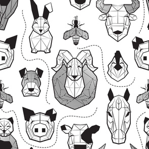 Normal scale // Friendly Geometric Farm Animals // white background black and white pigs queen bees lambs cows bulls dogs cats horses chickens and bunnies