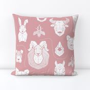 Normal scale // Friendly Geometric Farm Animals // blush pink background white pigs queen bees lambs cows bulls dogs cats horses chickens and bunnies