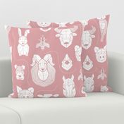 Normal scale // Friendly Geometric Farm Animals // blush pink background white pigs queen bees lambs cows bulls dogs cats horses chickens and bunnies