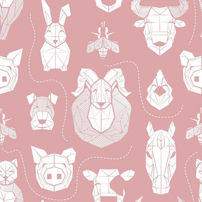 Normal scale // Friendly Geometric Farm Animals // blush pink background white pigs queen bees lambs cows bulls dogs cats horses chickens and bunnies