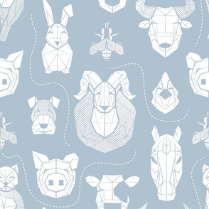 Normal scale // Friendly Geometric Farm Animals // pastel blue background white pigs queen bees lambs cows bulls dogs cats horses chickens and bunnies