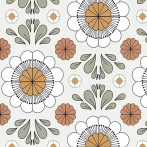 retro daisy fabric - wallpaper, muted seventies, hippie boho design - sfx0602 bone