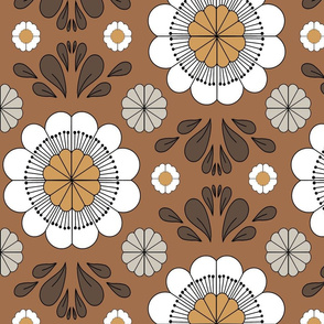  retro daisy fabric - wallpaper, muted seventies, hippie boho design - sfx1336 pecan