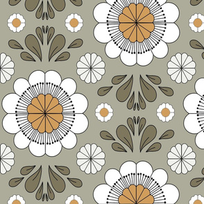 retro daisy fabric - wallpaper, muted seventies, hippie boho design - sfx0110 sage