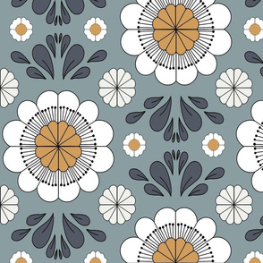 retro daisy fabric - wallpaper, muted seventies, hippie boho design - sfx4408 slate