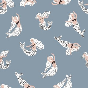 mermaid fabric - girly feminine fabric, painted mermaids - sfx4013 denim