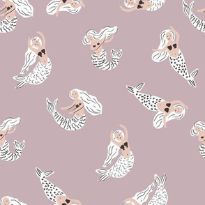 mermaid fabric - girly feminine fabric, painted mermaids - sfx1905 lilac