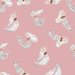 mermaid fabric - girly feminine fabric, painted mermaids - sfx1611 powder pink
