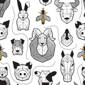 Small scale // Friendly Geometric Farm Animals // white background black and white pigs lambs cows bulls dogs cats horses chickens bunnies and yellow queen bees