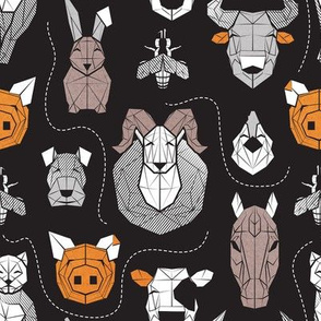 Small scale // Friendly Geometric Farm Animals // black background black and white brown grey and orange pigs queen bees lambs cows bulls dogs cats horses chickens and bunnies