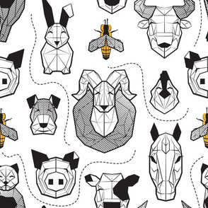 Normal scale // Friendly Geometric Farm Animals // white background black and white pigs lambs cows bulls dogs cats horses chickens bunnies and yellow queen bees
