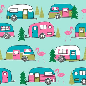 LARGE vintage camper // mint and pink vintage campervan fabric cute retro flamingo pattern print andrea lauren design