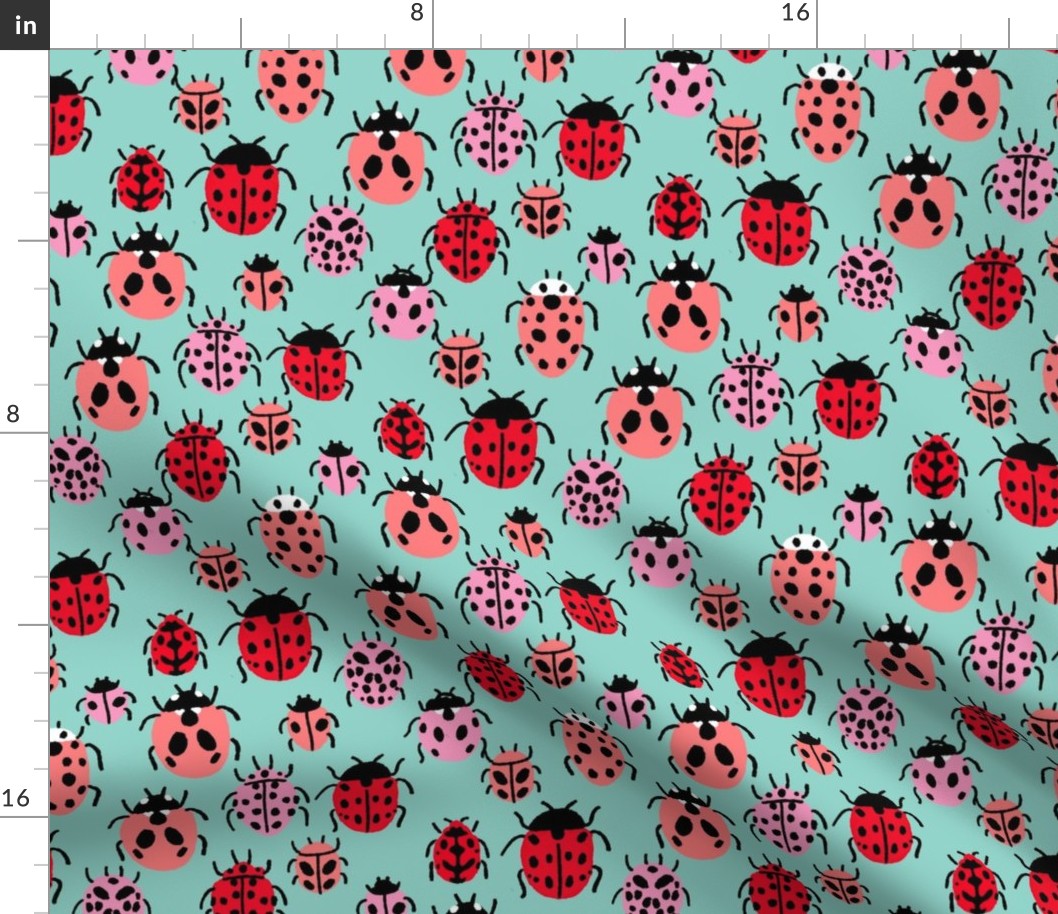 Ladybird fabric - ladybug fabric, nature fabric, spring fabric, bugs and insects fabric - mint