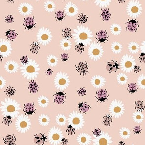 ladybird and daisy fabric - daisies fabric, ladybugs fabric, ladybirds fabric, girls fabric, nursery fabric - powder pink