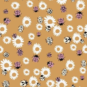 ladybird and daisy fabric - daisies fabric, ladybugs fabric, ladybirds fabric, girls fabric, nursery fabric - mustard