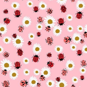 ladybird and daisy fabric - daisies fabric, ladybugs fabric, ladybirds fabric, girls fabric, nursery fabric - pastel pink