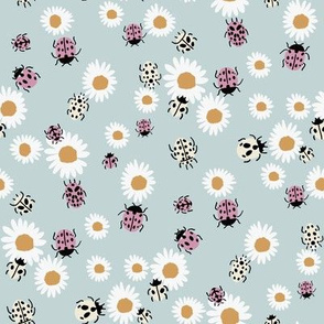 ladybird and daisy fabric - daisies fabric, ladybugs fabric, ladybirds fabric, girls fabric, nursery fabric -  light blue