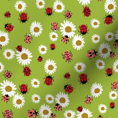 ladybird and daisy fabric - daisies fabric, ladybugs fabric, ladybirds fabric, girls fabric, nursery fabric - lime green