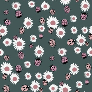 ladybird and daisy fabric - daisies fabric, ladybugs fabric, ladybirds fabric, girls fabric, nursery fabric - dark 